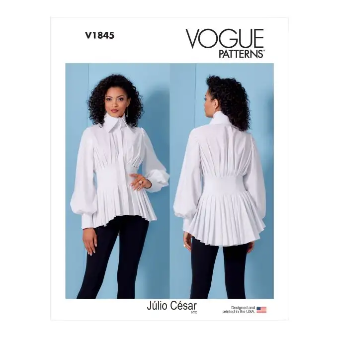 Cartamodello Vogue 1845F5 camicia plissettata con colletto alto e maniche a sbuffo dal 44 al 52