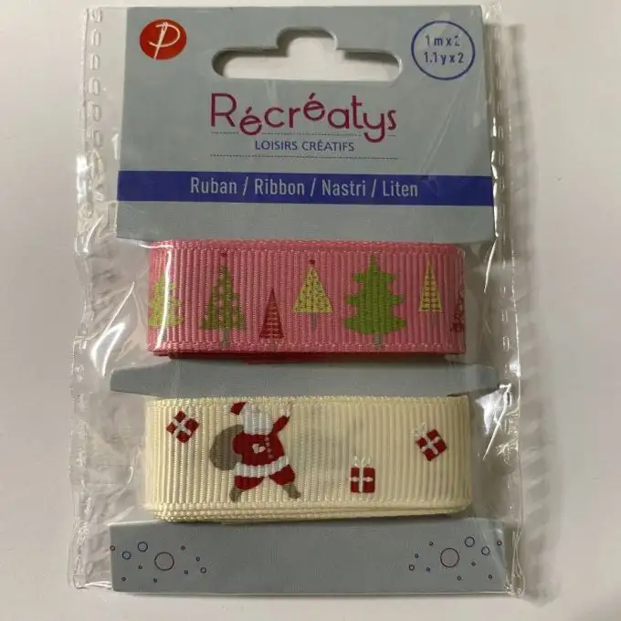 Confezione da 2 nastri natalizi rosa e panna 16 mm x 1 m