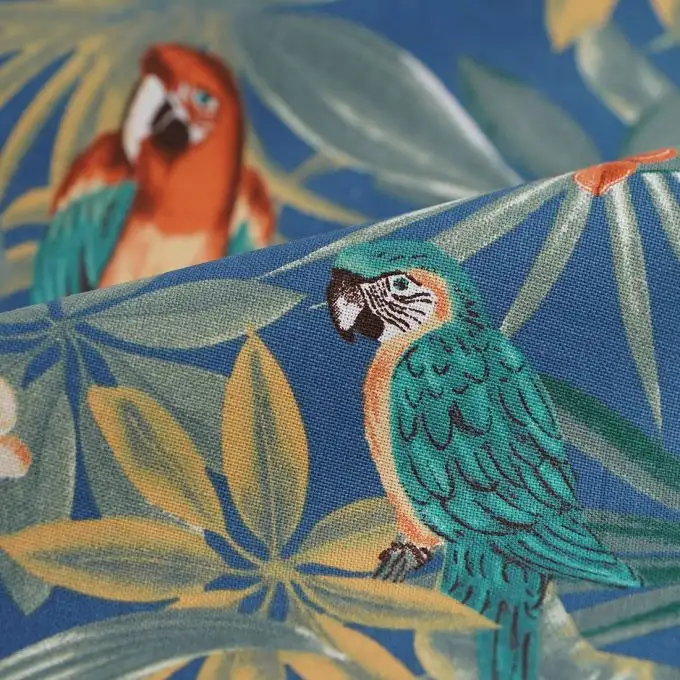 Tessuto cotone spesso pappagalli esotici blu