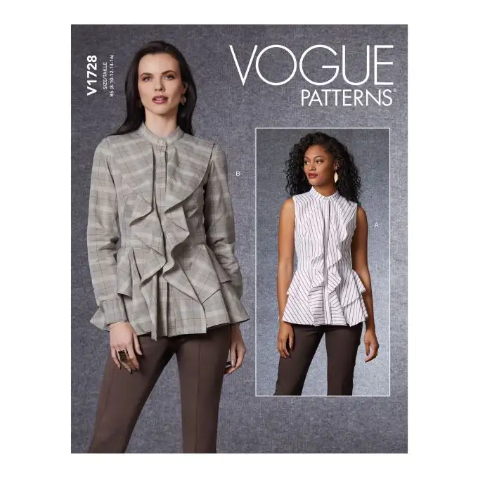 blusa patron vogue 1728f5 aderente collo diritto volant davanti e baschina dal 44 al 52
