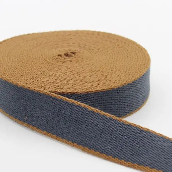 Cinturino cotone blu grigio bordo cammello 30mm