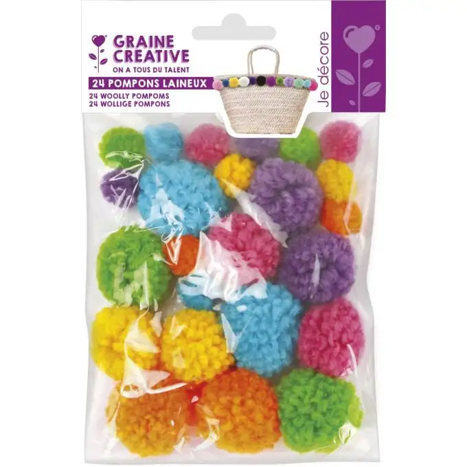 24 pompon lanosi 15 x 30 mm assortiti arcobaleno