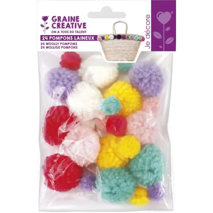 24 pon pon lanosi 15 x 30 mm assortiti arcobaleno pastello