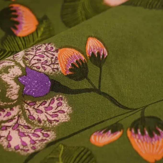 Tessuto cotone spesso Blossom fiori verde kaki