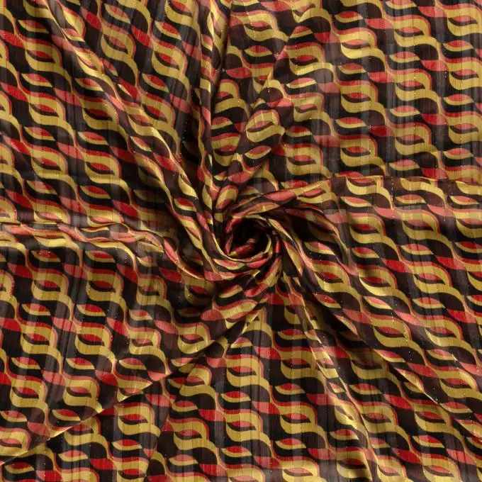 Voile in poliestere righe lurex geometrico retrò ocra bordeaux