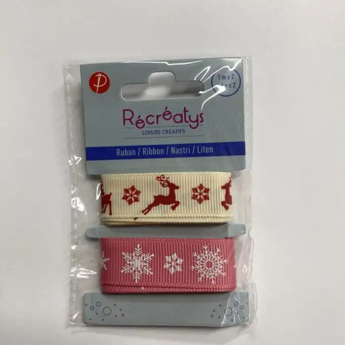 Confezione da 2 nastri natalizi ecru e rosa 16 mm x 1 m